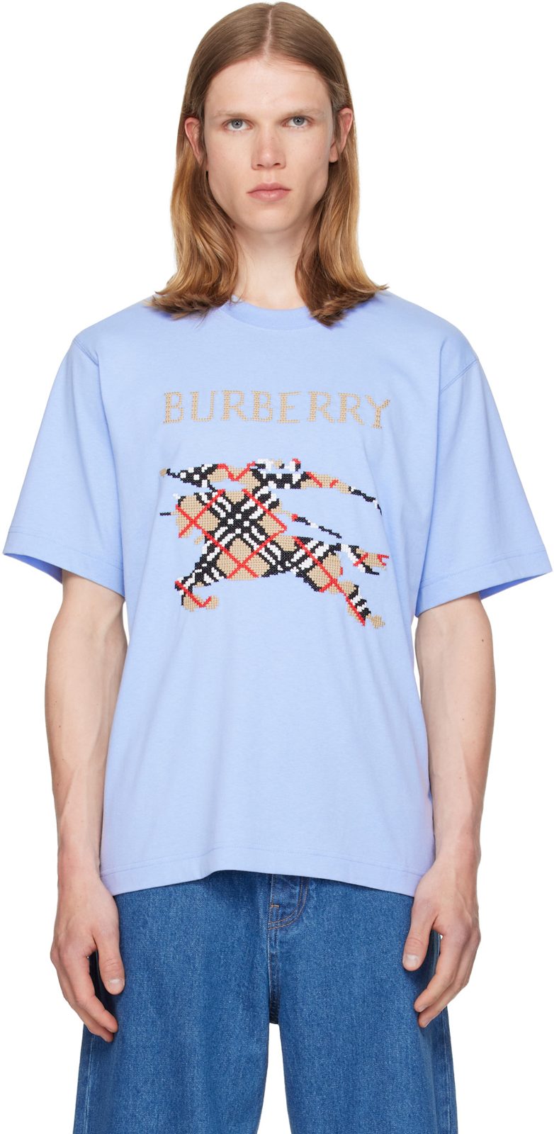 Blue Cross Stitch Knight Cotton T-shirt 262376M213006