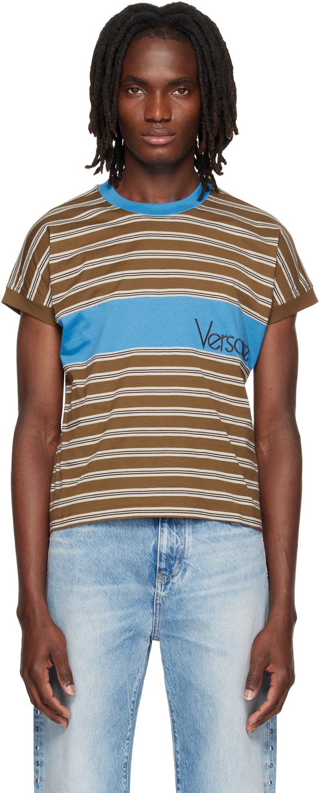 Brown Embroidered-Logo Striped-Intarsia Cotton T-shirt 262404M213016