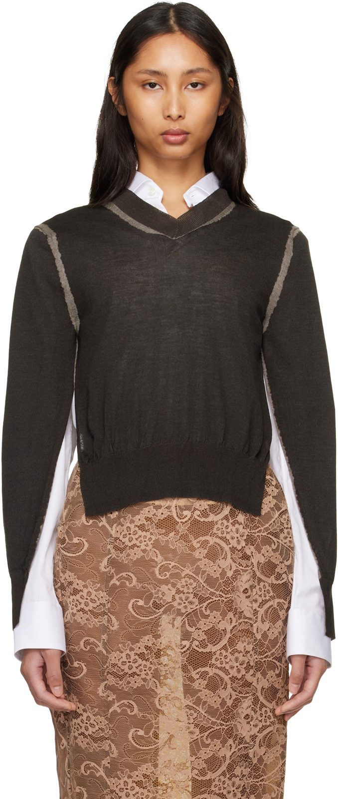Brown Wrinkled V-Neck Sweater 261129F100006