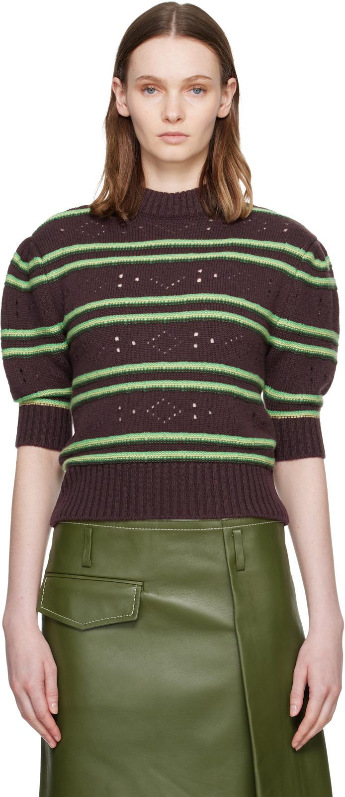 Marni Brown Short Sleeve Striped Crewneck Sweater 262379F096000