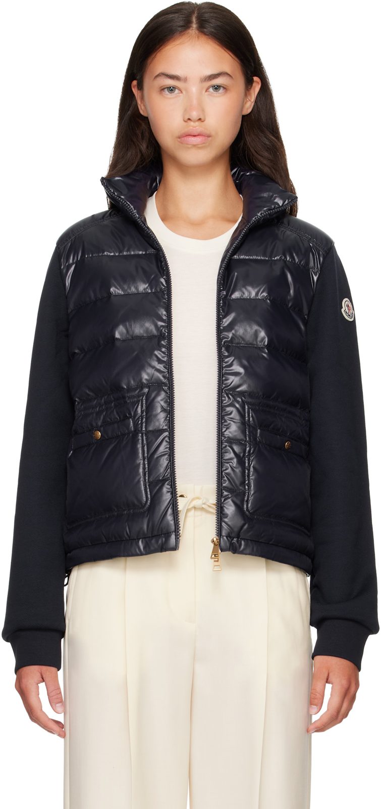 Navy Zip Up Cotton Fleece Down Cardigan 262111F095001