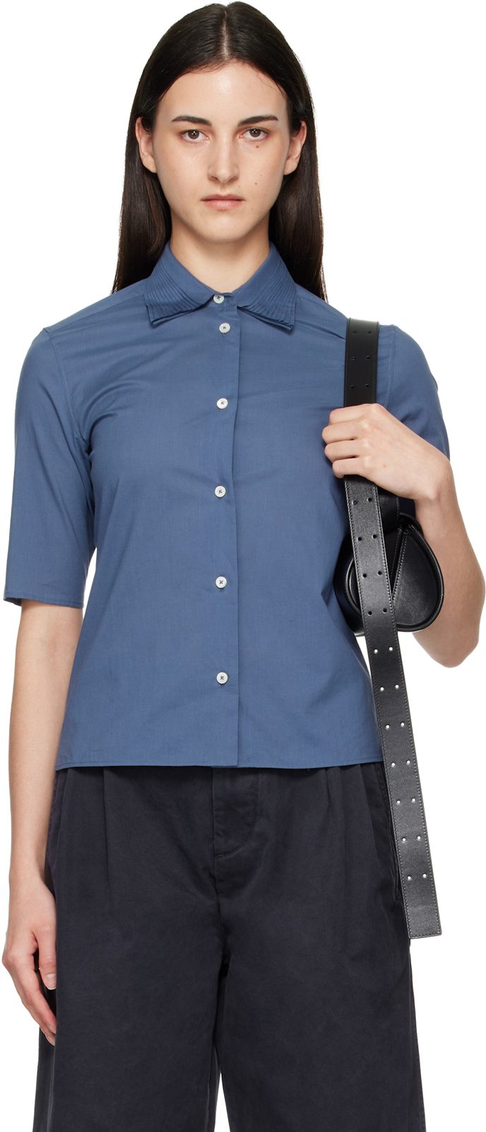 Blue Slim Fit Short Sleeve Back Darts Shirt 262249F109001