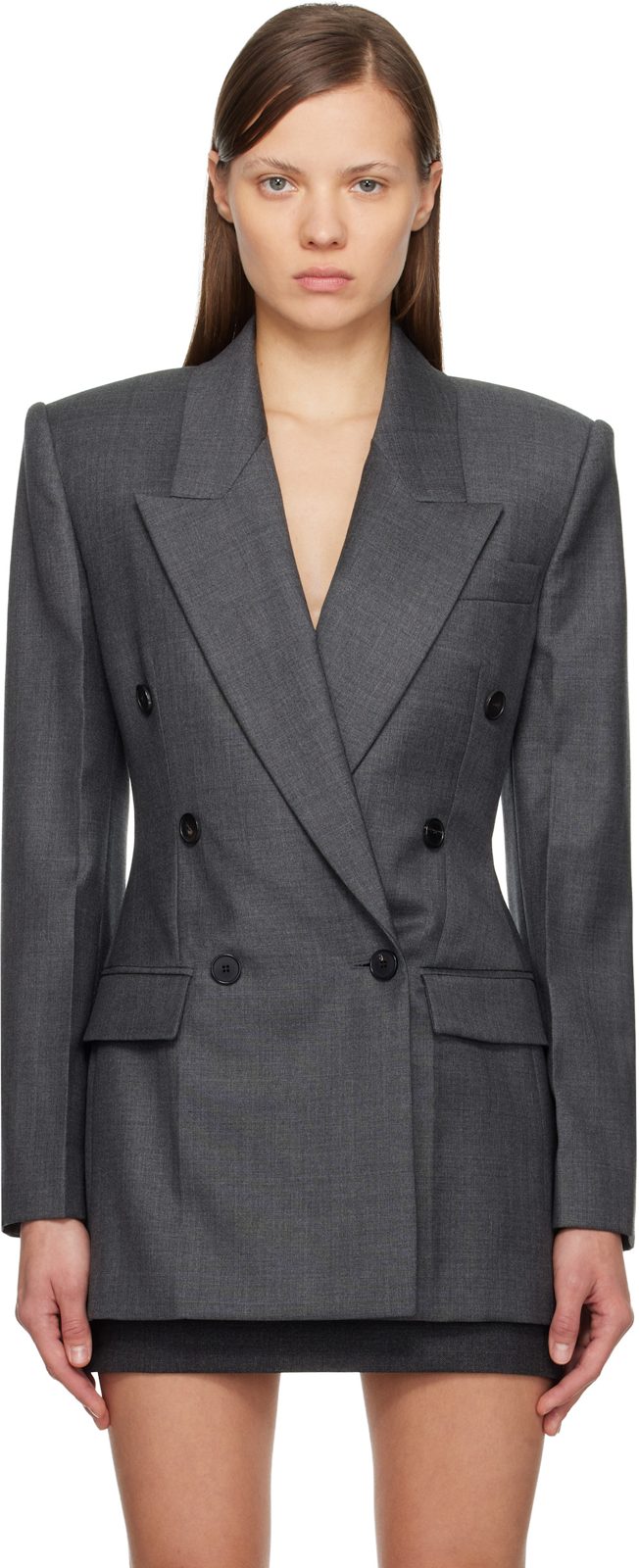 Gray Double-Breasted Blazer 252278F057002