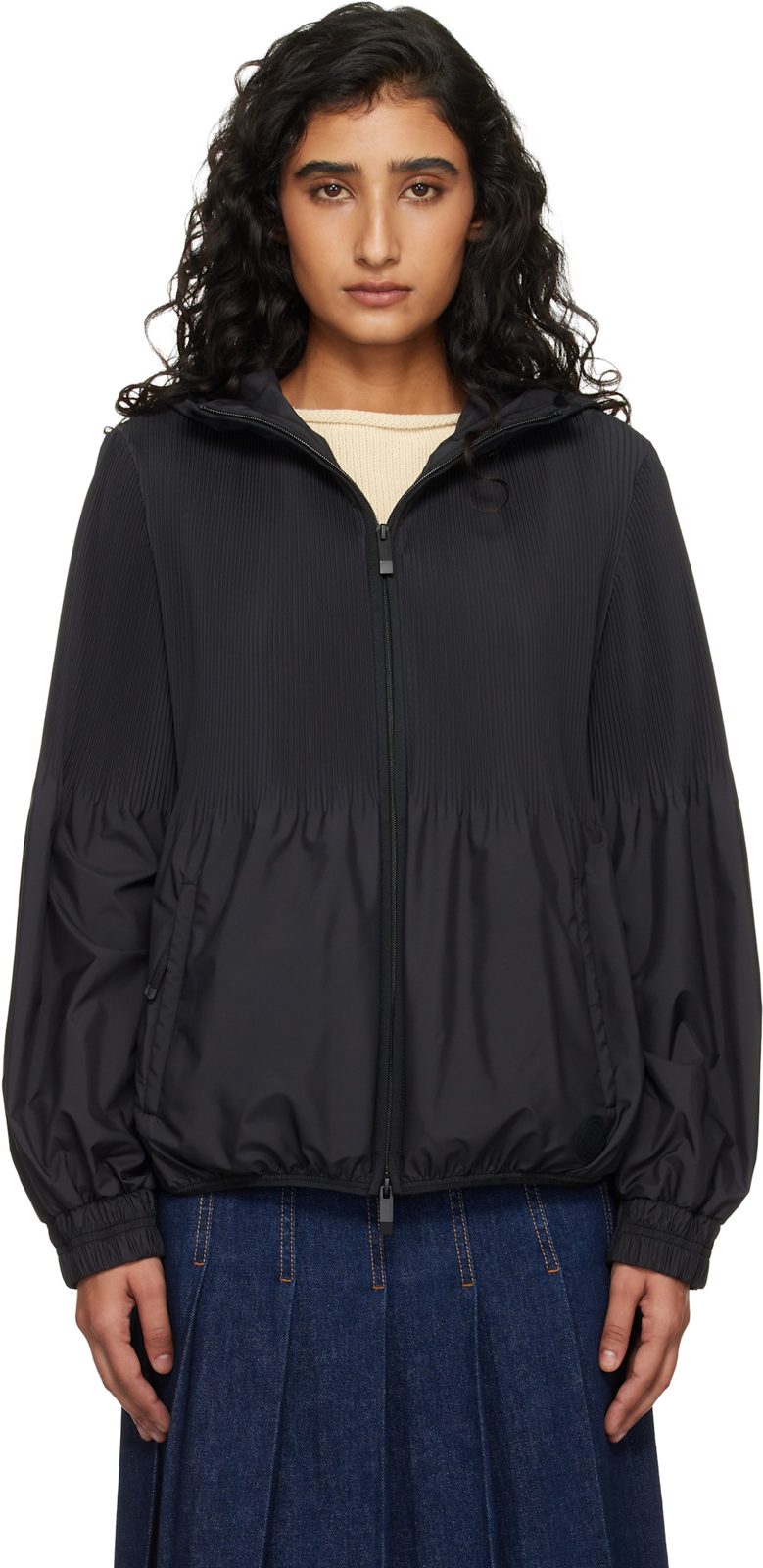 Black Anemone Pleated Hooded Jacket 261111F063012