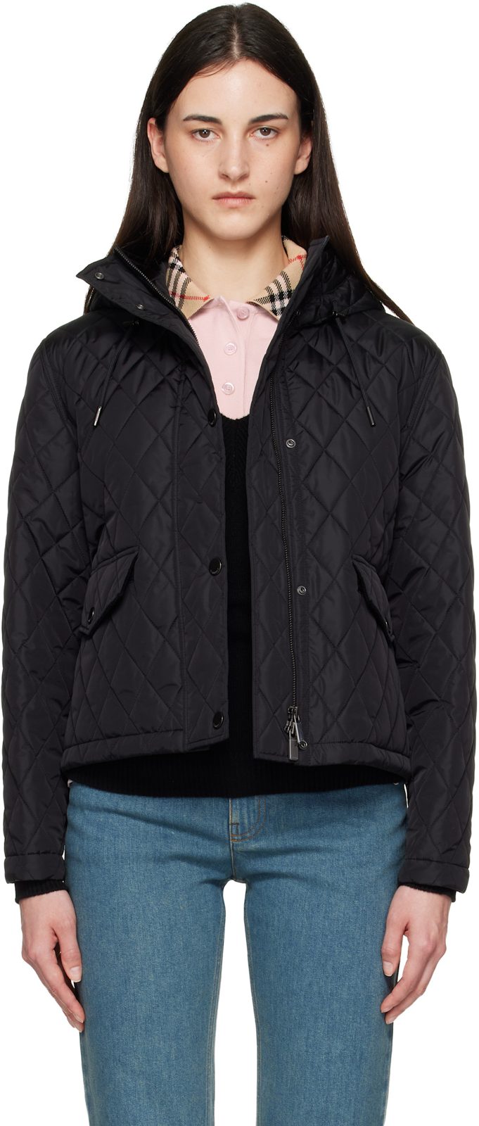Black Cropped Quilted Nylon Hooded Jacket 262376F063004