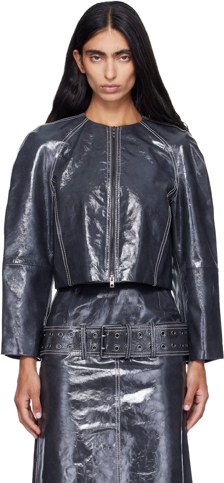 Gray Patent-Leather Cocoon Sleeve Jacket 262001F064002