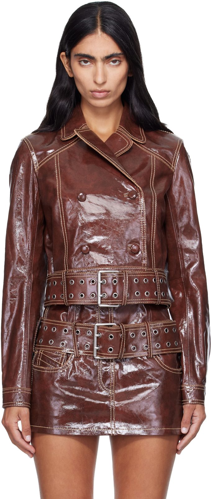 Brown Large Belt Patent-Leather Jacket 262001F064003