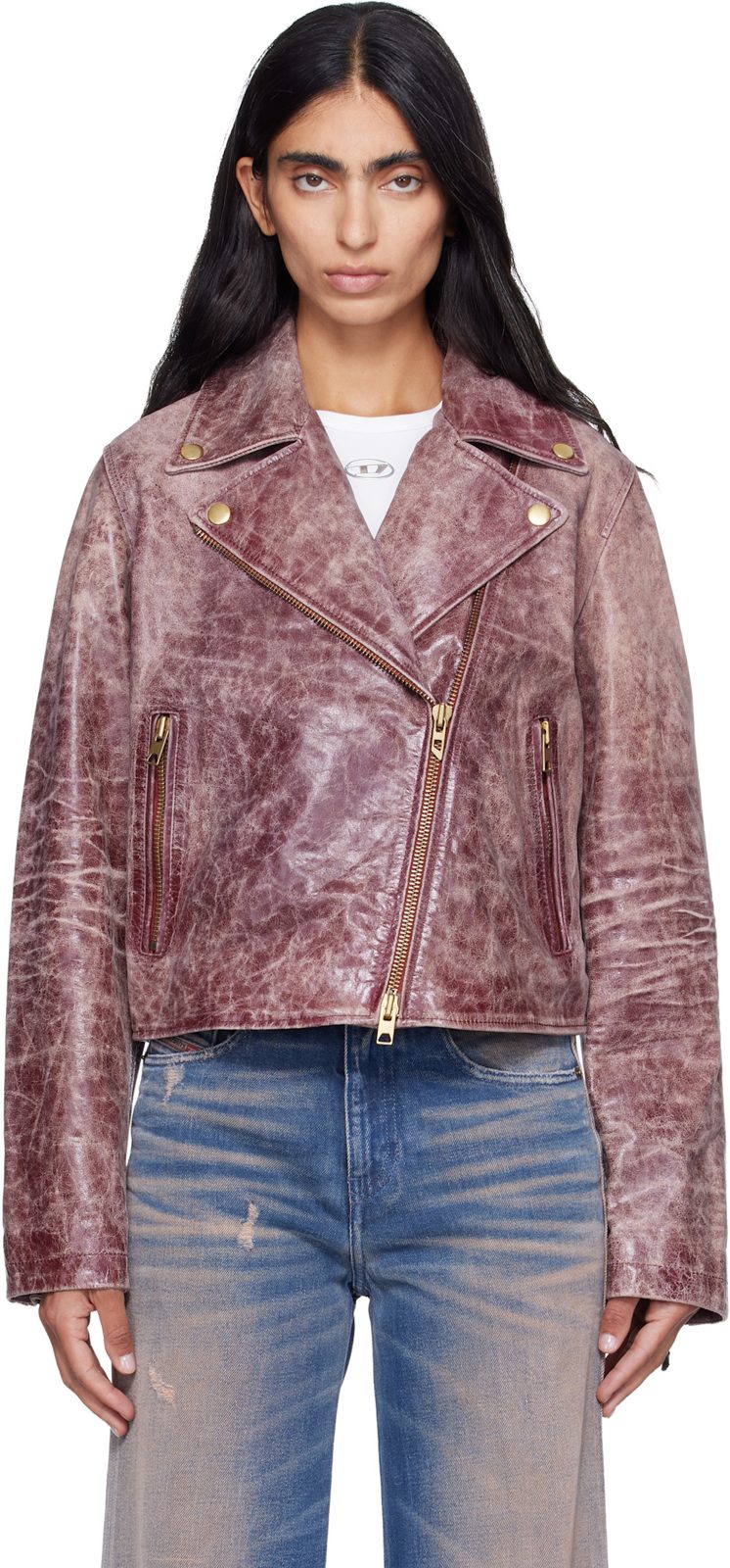 Pink Treated Leather Biker Jacket 262001F064001