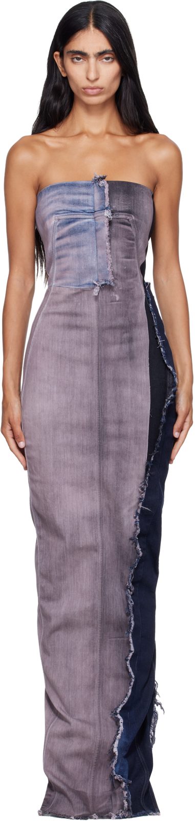 Pink & Navy Tower Bustier Denim Maxi Dress 262232F055013