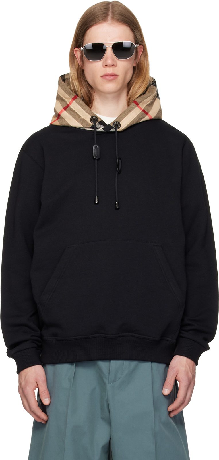 Black Check Hood Cotton Hoodie 262376M202003