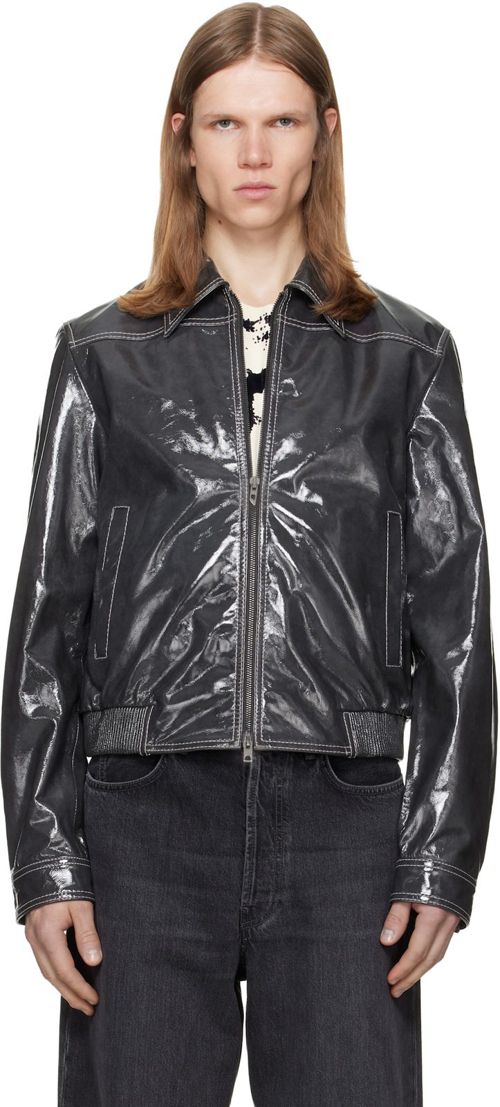 Gray Patent-Leather Jacket 262001M181006