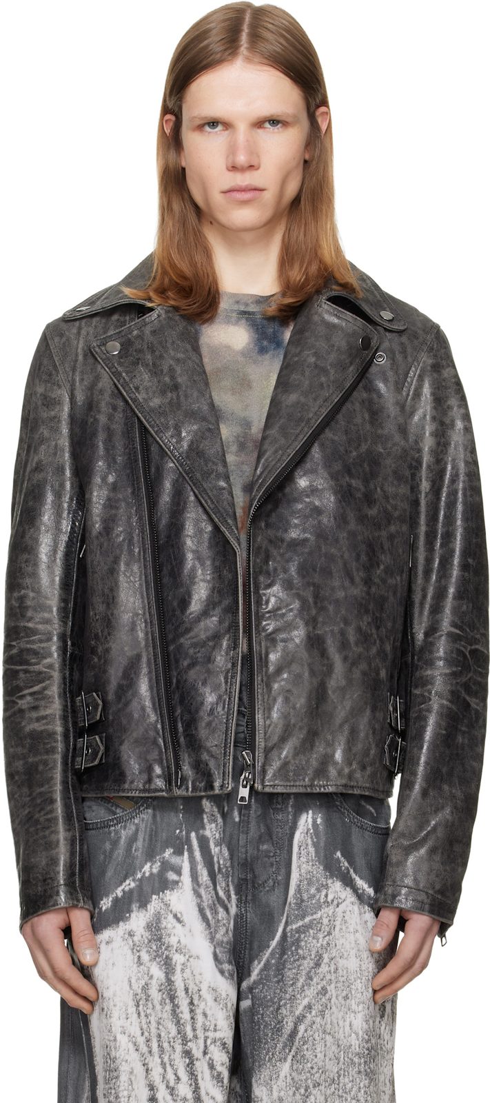Gray Treated Leather Biker Jacket 262001M181003