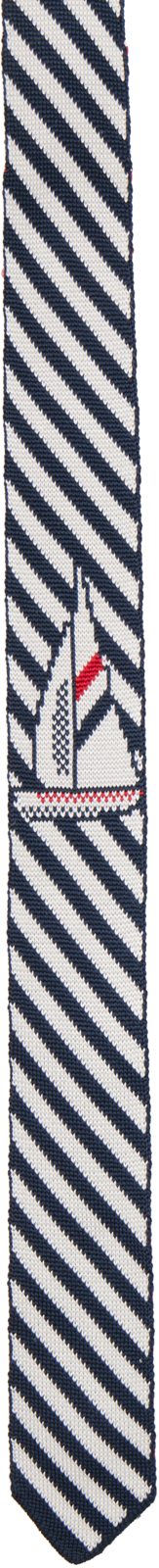 Navy & White Sail Boat Pin Stripe Jacquard Knit Tie 262381M158001