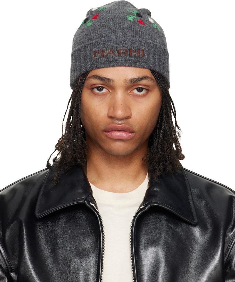 Marni Gray Wool & Cashmere Flower Beanie 262379M138000