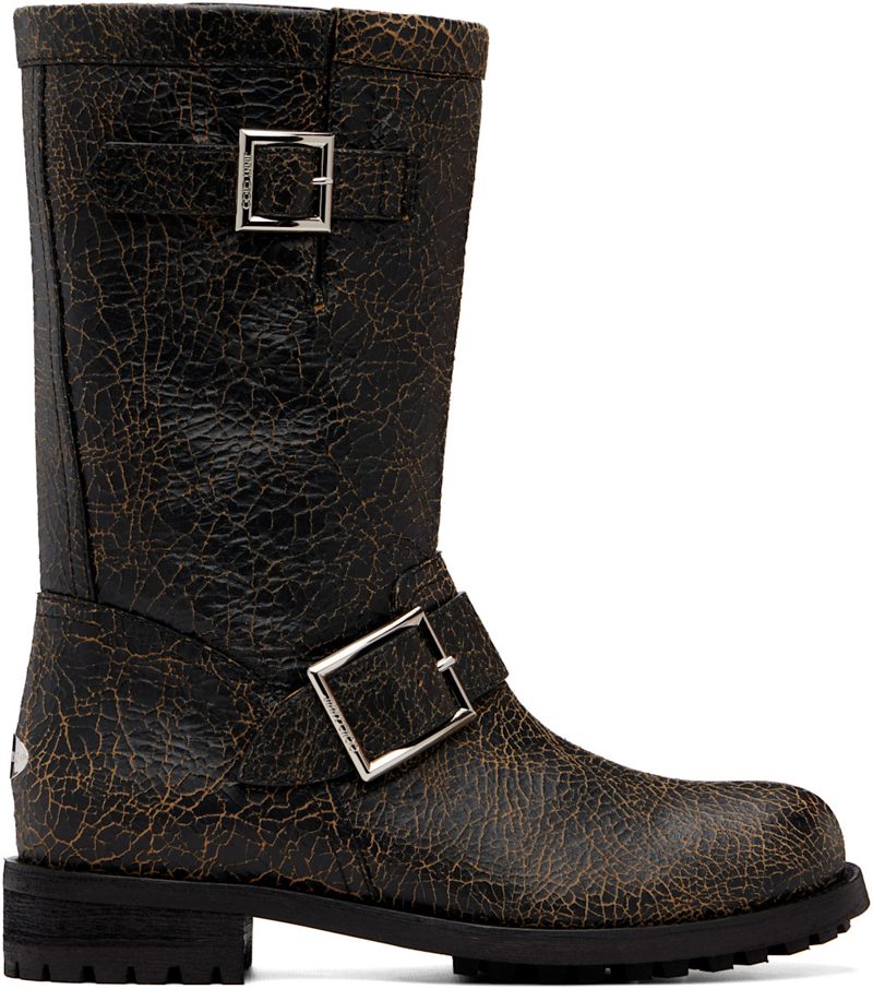 Black Biker Midcrackled Leather Boots 262528F115002