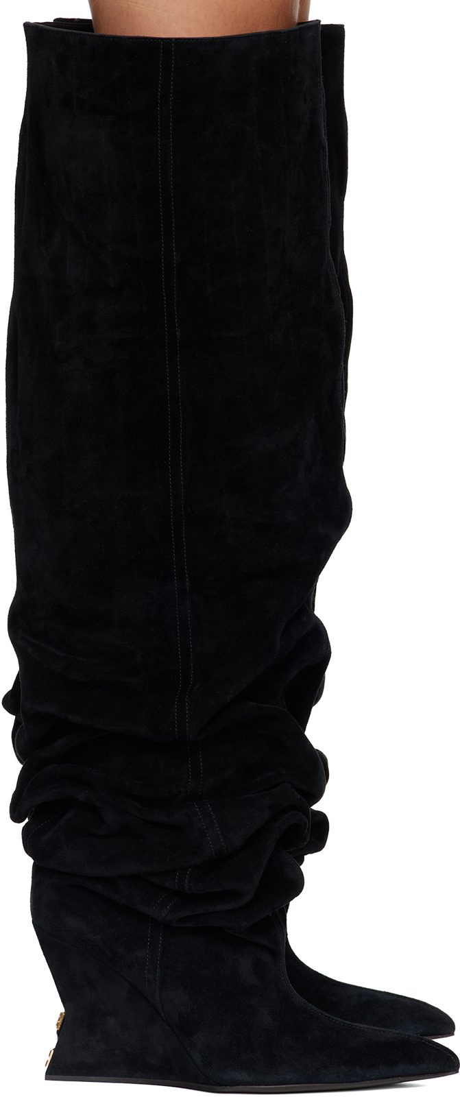 Black Suede Leather Wedge Thigh-High Boots 262251F115000