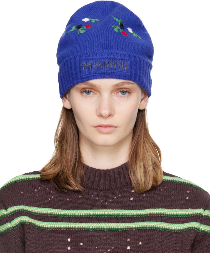 Marni Blue Wool & Cashmere Flower Beanie 262379F014001
