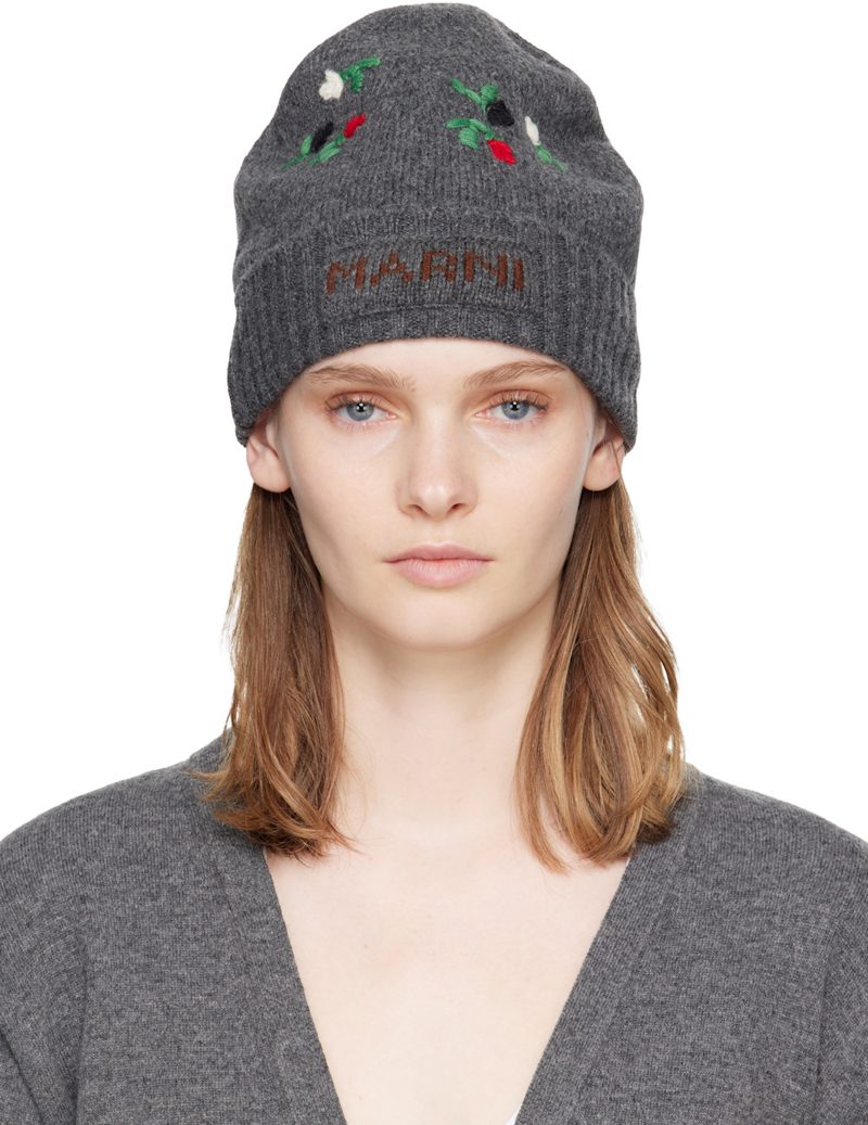 Marni Gray Wool & Cashmere Flower Beanie 262379F014000