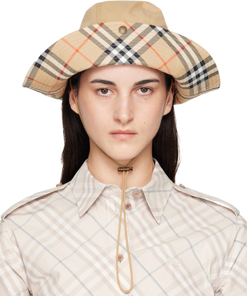 Beige Check Brim Gabardine Hat 262376F015001