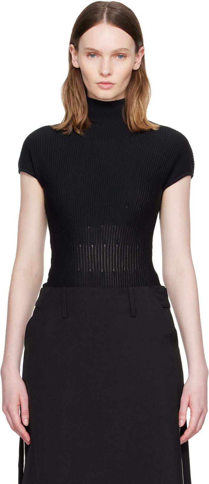 Black High Collar Knit Bodysuit 262251F358000