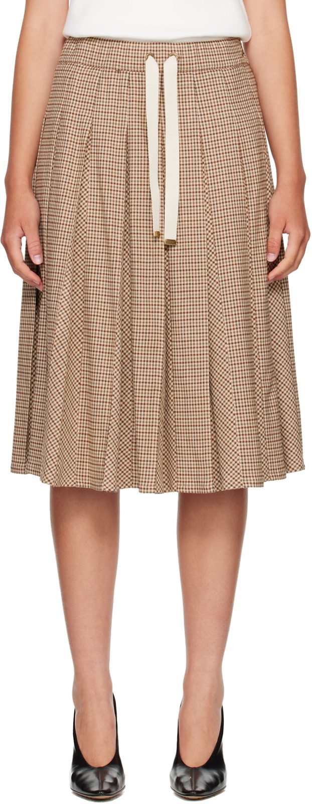Beige Viscose & Wool Stretch Microcheck Midi Skirt 262111F092000