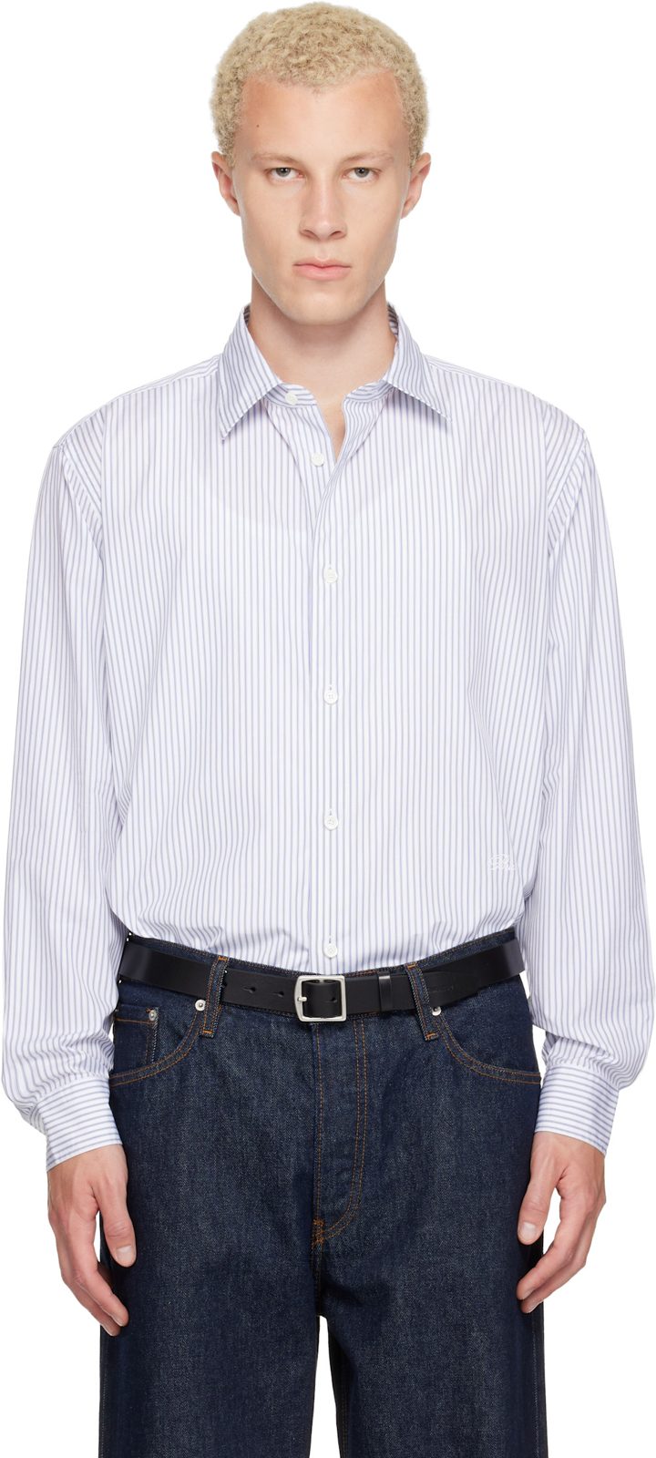 White & Blue Relaxed Fit Striped Cotton Shirt 262376M192000