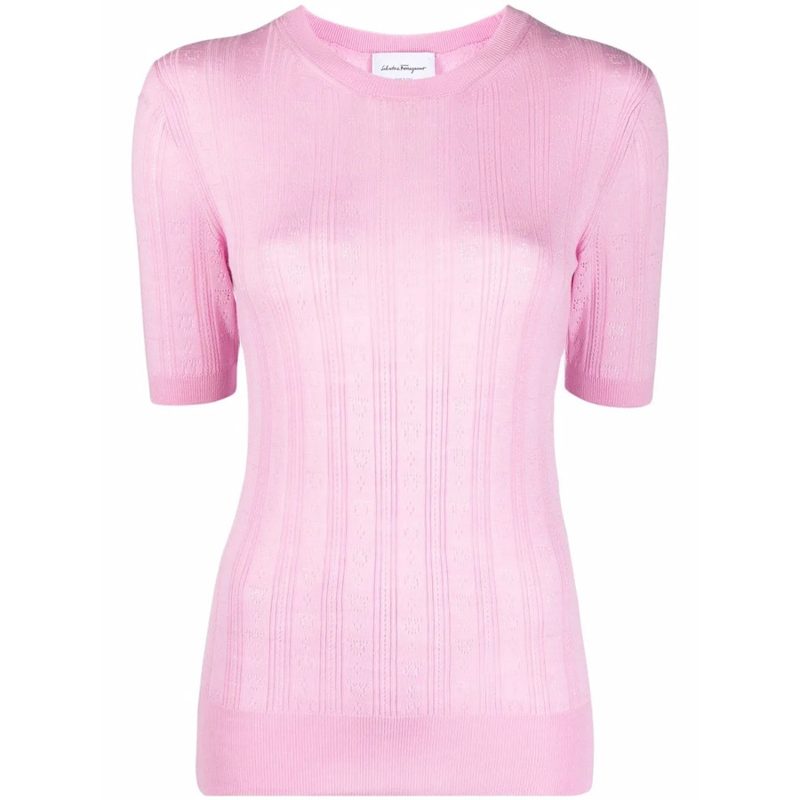 Gancini-Pattern Short-Sleeve Knitted Top_Flamingo