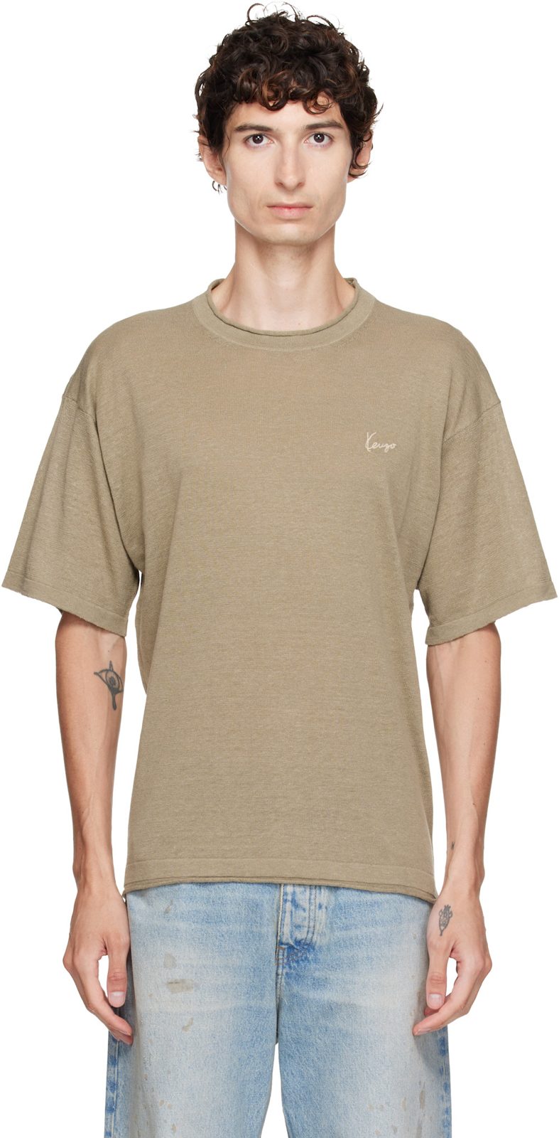 Khaki [겐조] Paris Signature Embroidered T-shirt 262387M213003