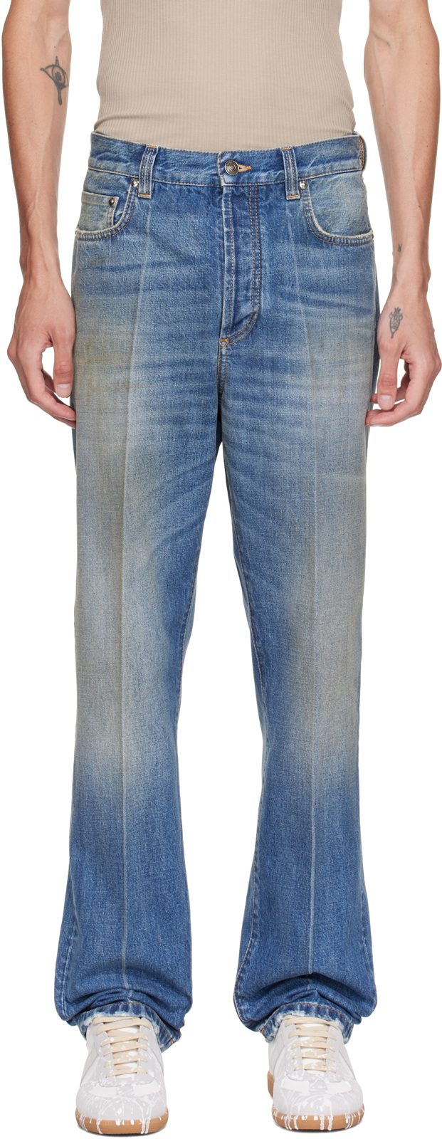 Blue Distressed Straight Jeans 262404M186005