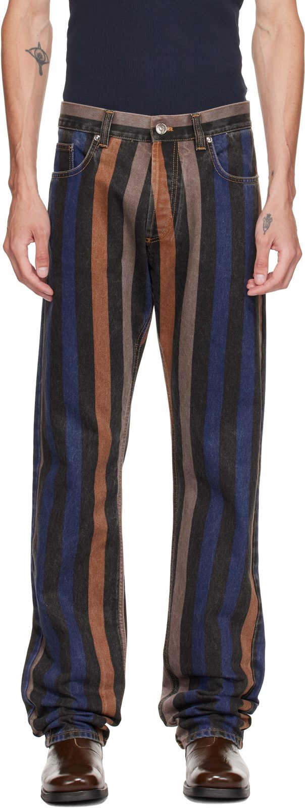 Multicolor Striped Straight Jeans 262404M186001