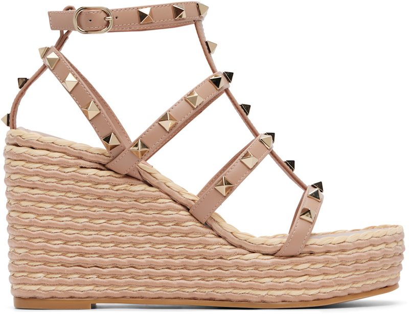 Garavani Pink Rockstud Ankle Strap Wedge Heeled Sandals 262807F125015