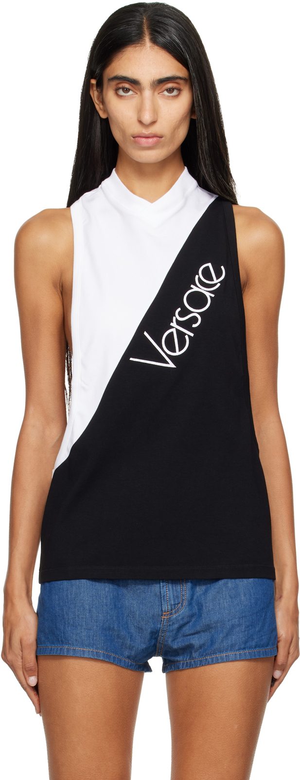 White & Black Embroidered-Logo Cotton-Jersey Tank Top 262404F111001
