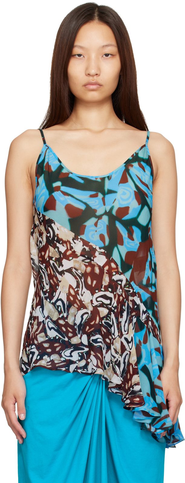 Blue & Brown Viscose Slip Top 262358F107002