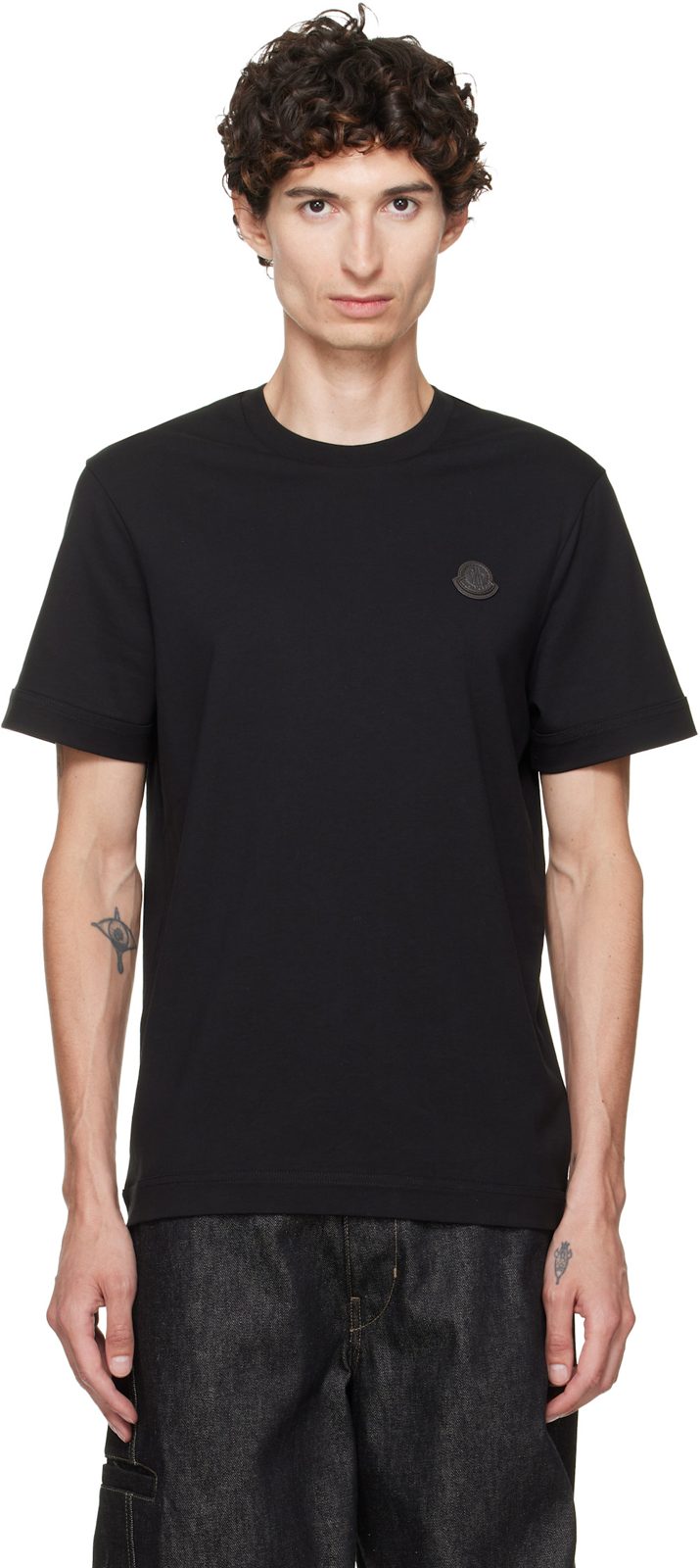 Black Double Leather Logo Cotton T-shirt 262111M213003