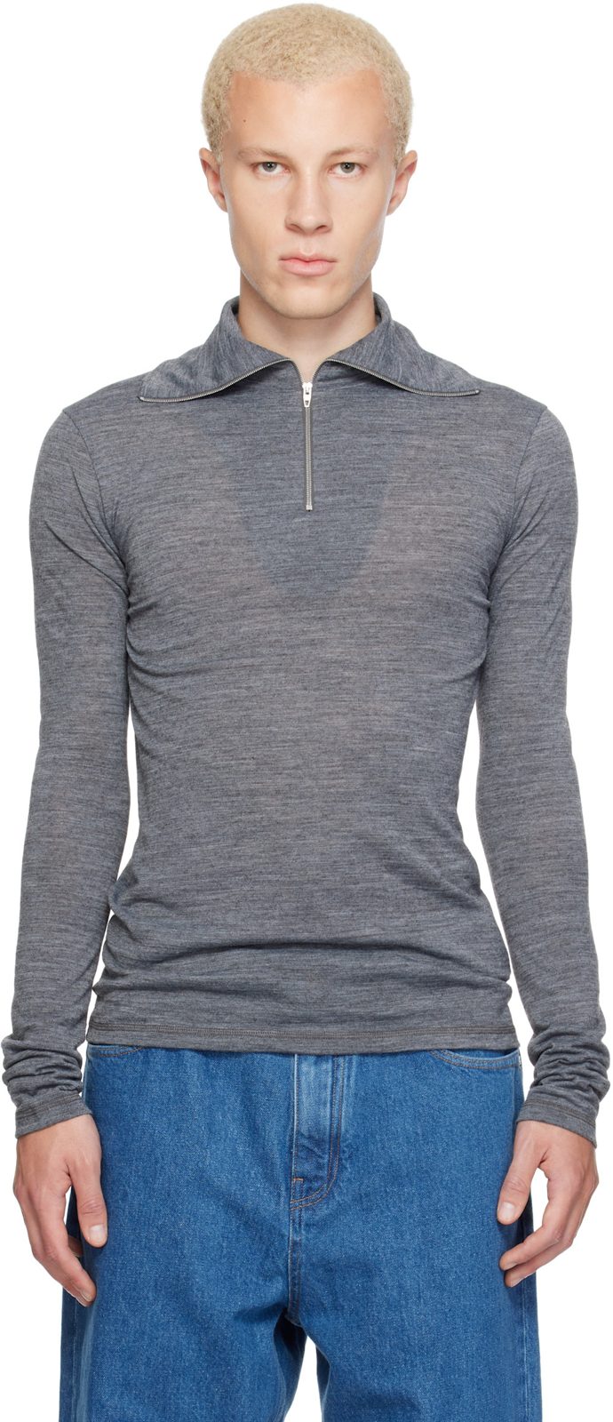 Gray LS Zip Polo 262249M213003