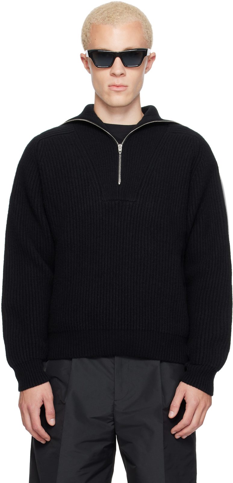 Black LS High Zipped Neck Sweater 262249M202010