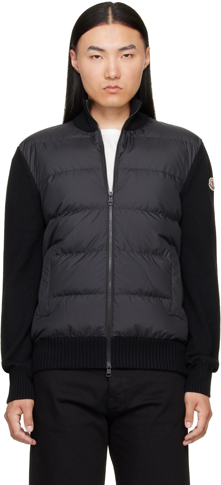 Black Padded Wool Zip-Up Down Cardigan 262111M178026
