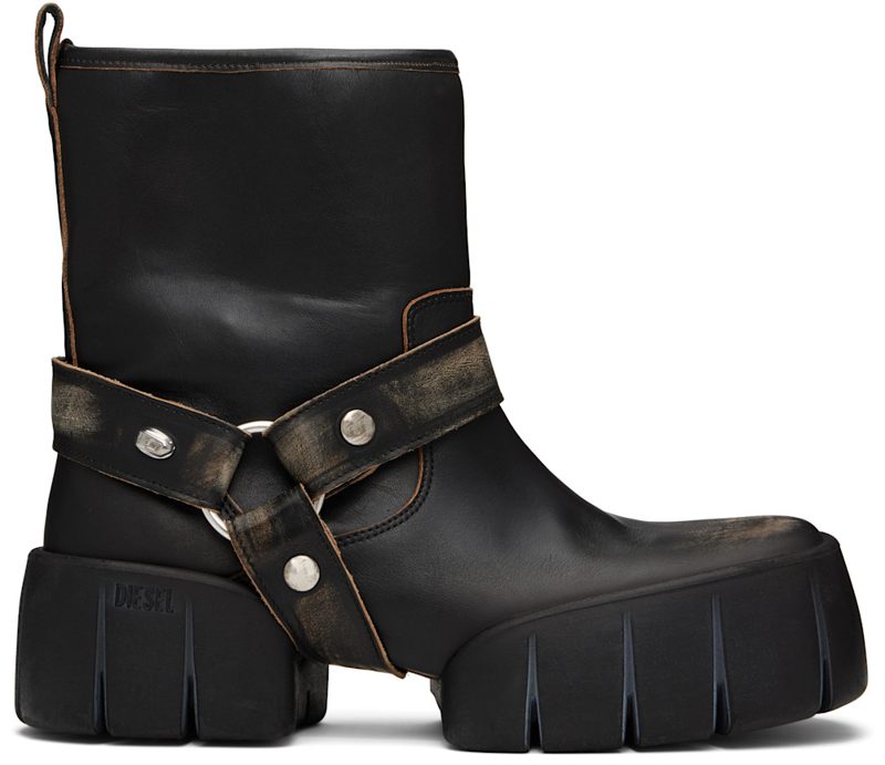 Black D-Tex Distressed Leather Biker Boots 262001M228000