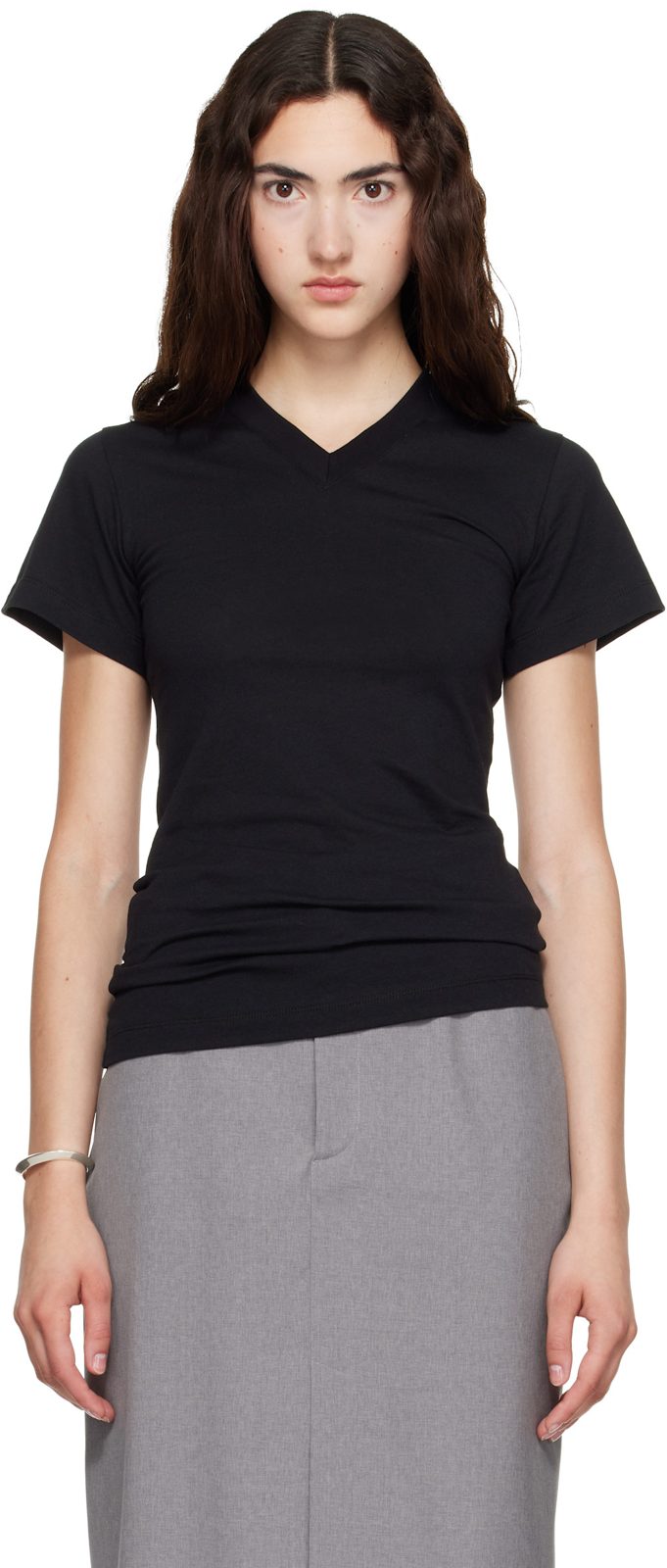 TOTEME Black Wide-Ribbed V-Neck T-shirt 262771F110010