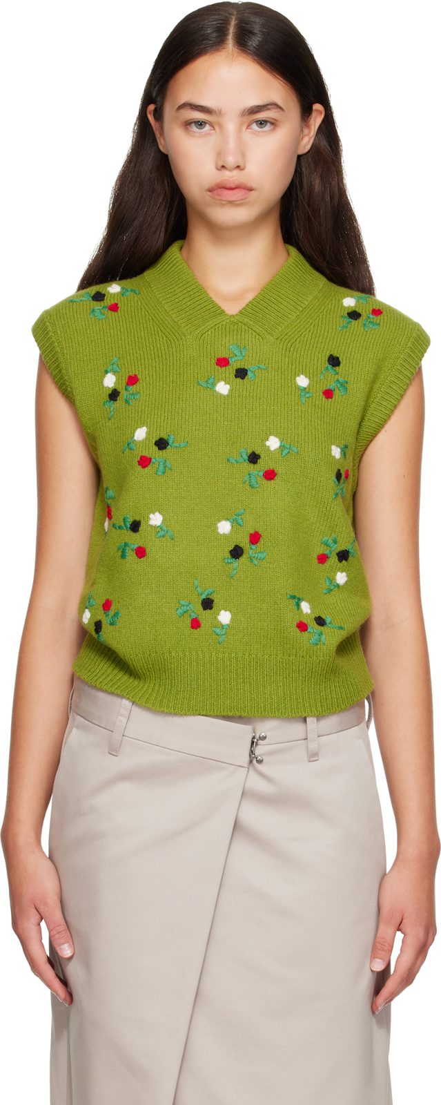 Marni Green Wool-Cashmere Flower Embroidery Vest 262379F068000