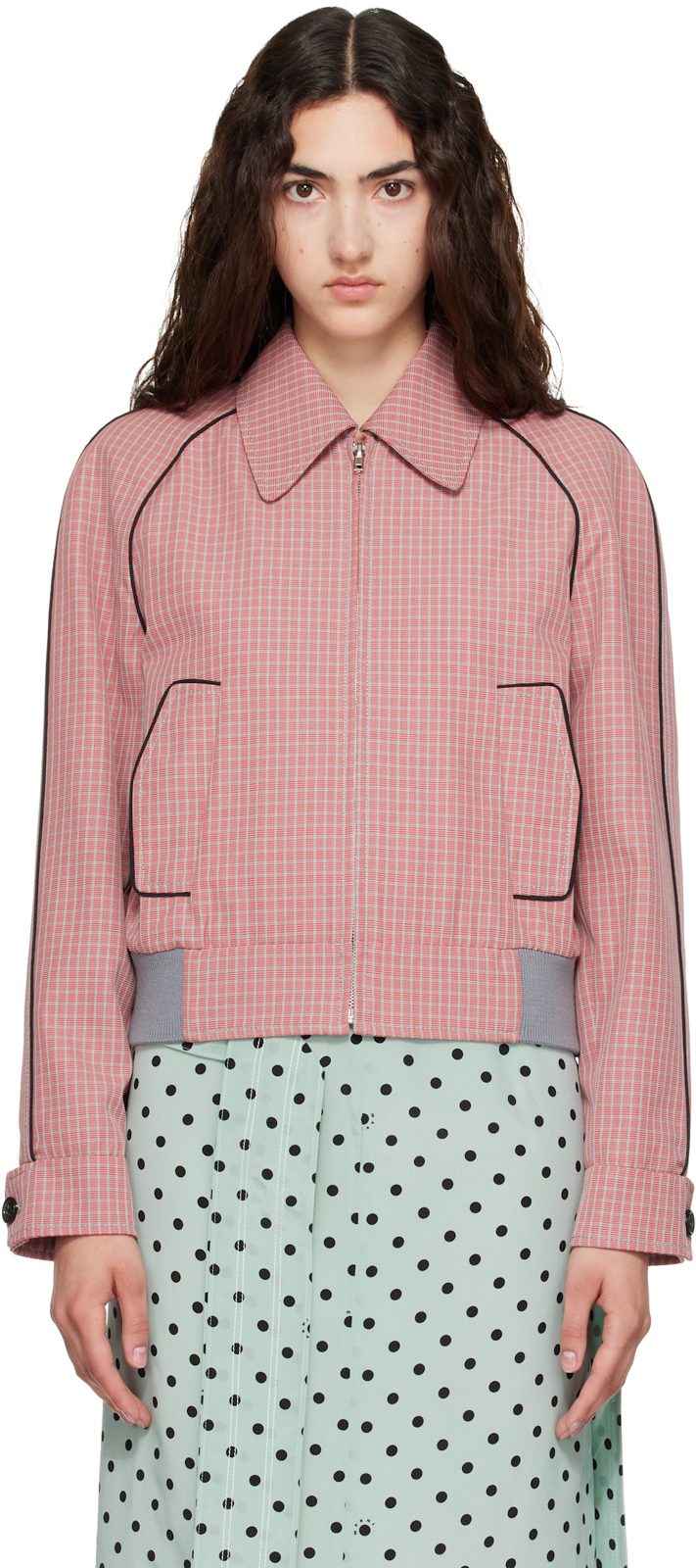 Marni Red Plaid Crop Bomber Jacket 262379F063001