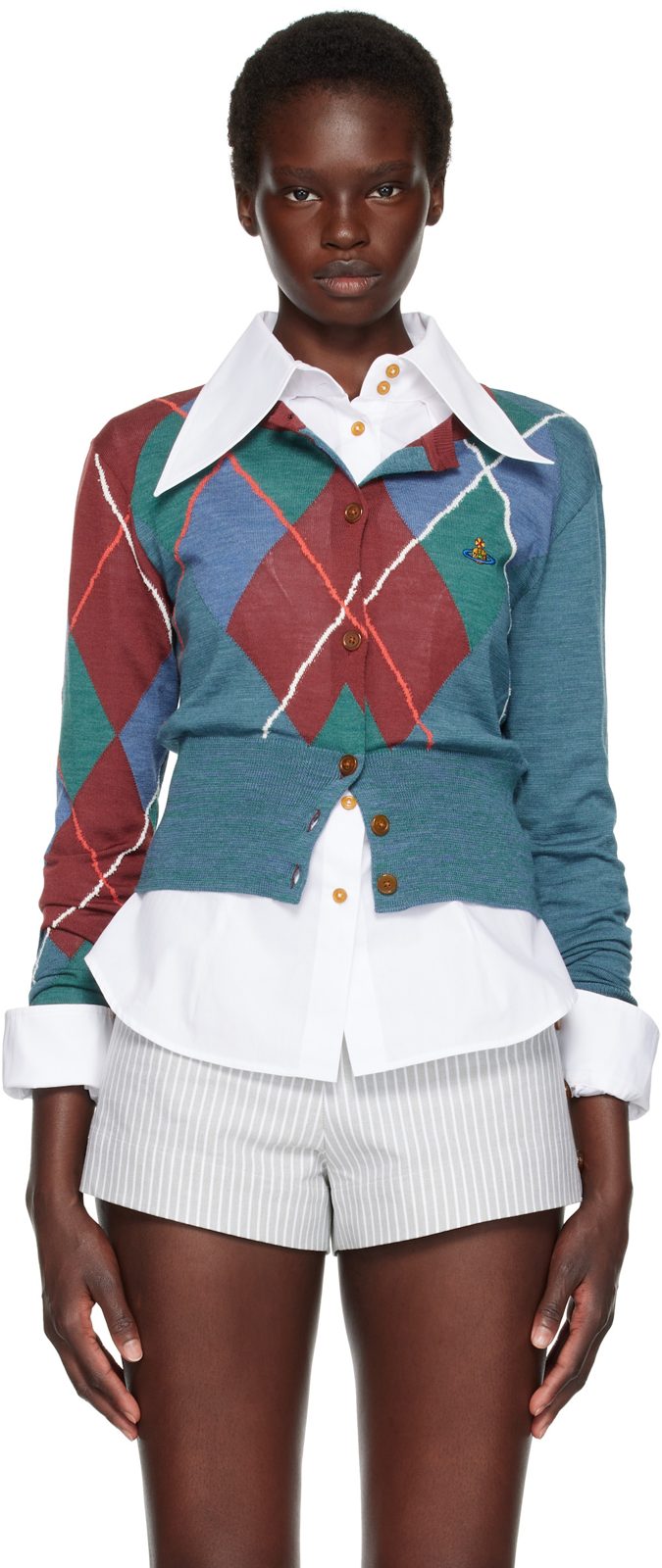 Blue Argyle Cropped Cardigan 262314F095003