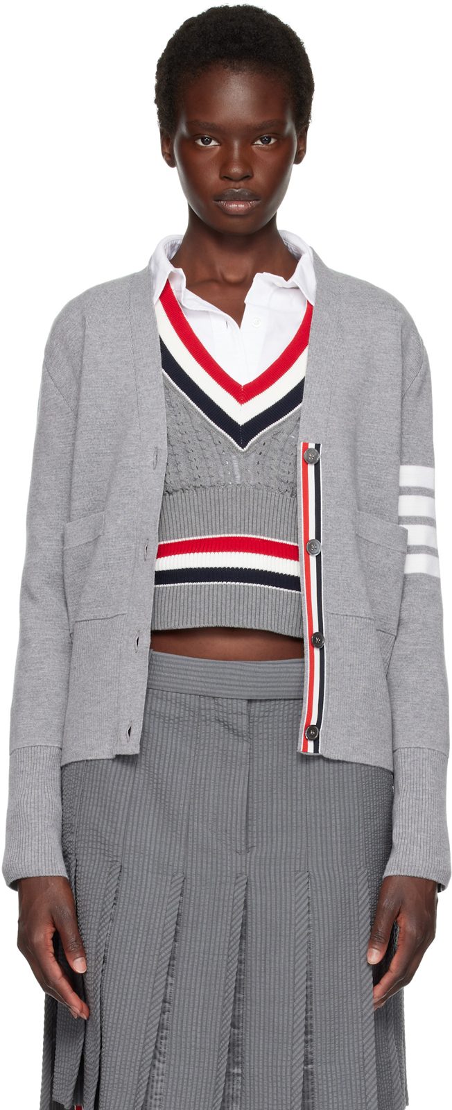 Gray Wool 4-Bar V-Neck Cardigan 262381F095001