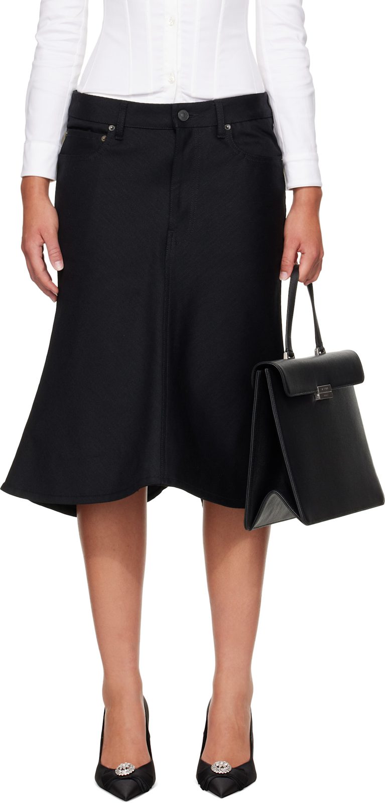 Black Flared Denim Midi Skirt 262342F092000