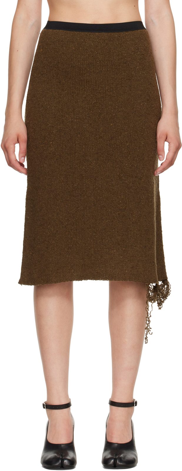 Khaki Frayed Midi Skirt 262188F092001
