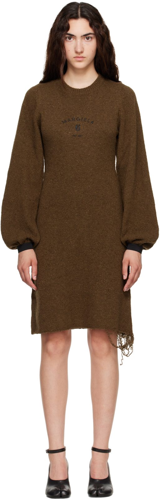 Khaki Frayed Knit Midi Dress 262188F054004
