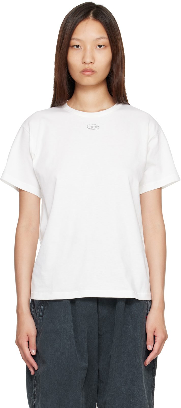 White Metallic Oval D Cotton T-shirt 262001F052010