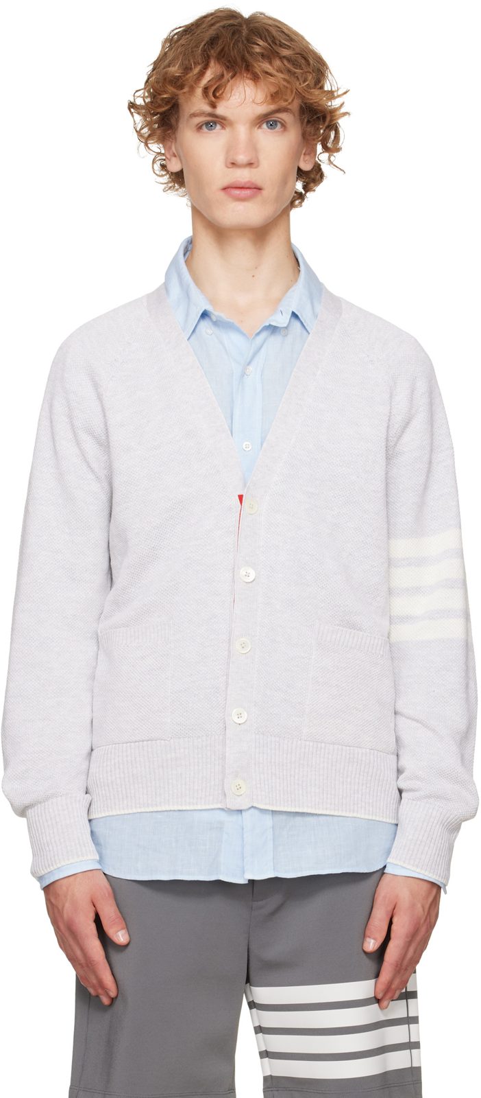 Gray Linen Cotton 4-Bar Relaxed Fit Cardigan 262381M200000
