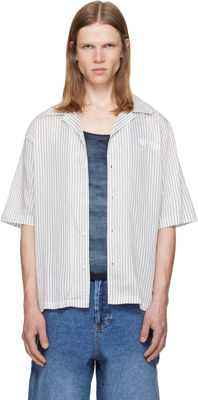 White & Gray Half-Sleeve Pinstripe Modal Shirt 262001M192008