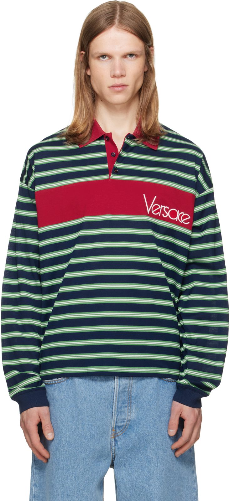 Blue & Green Embroidered-Logo Striped-Intarsia Cotton Polo 262404M212015